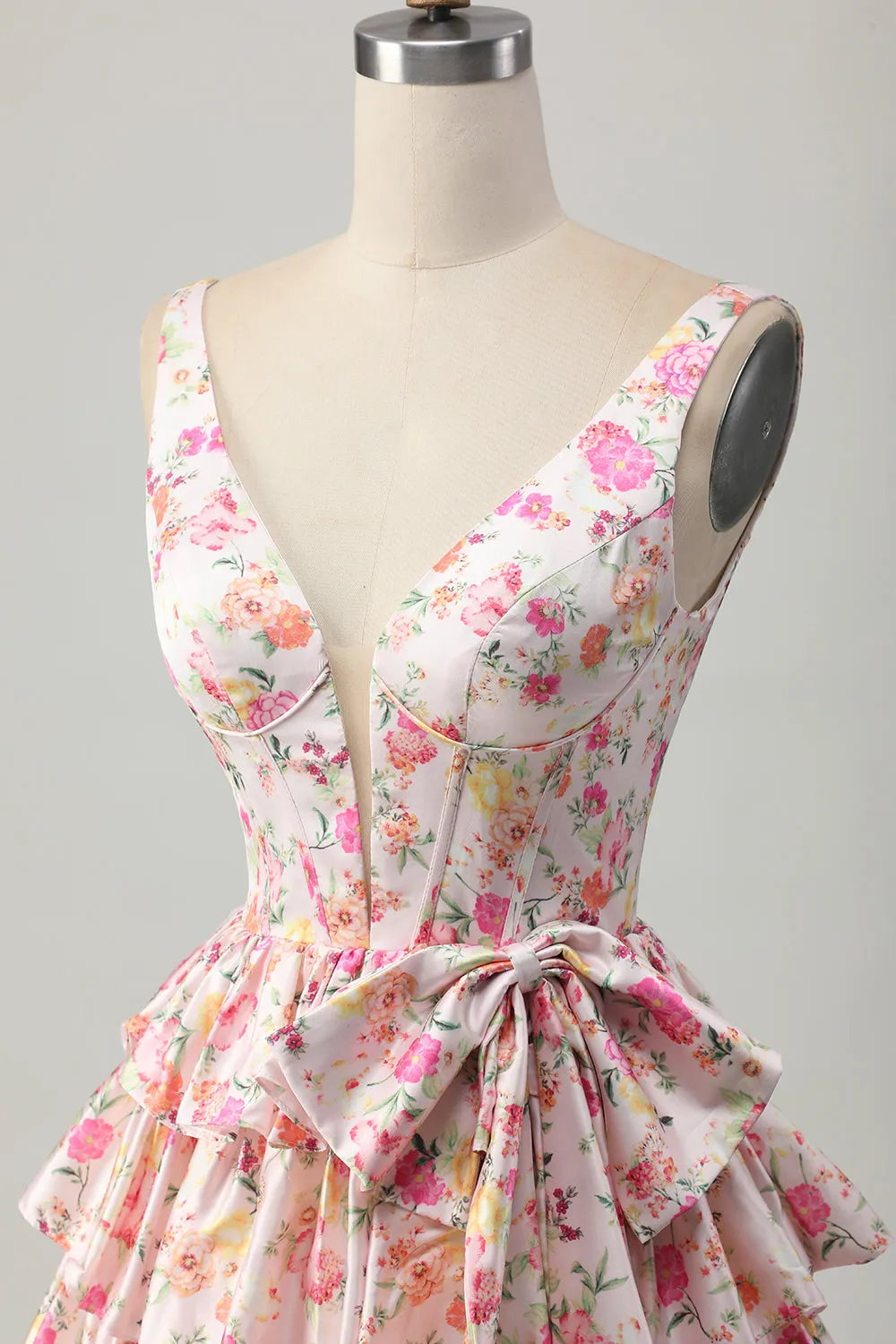 Pink Floral A-Line Printed Tiered Homecoming Dress with Bow sold by Wedtrend product image thumbnail 4