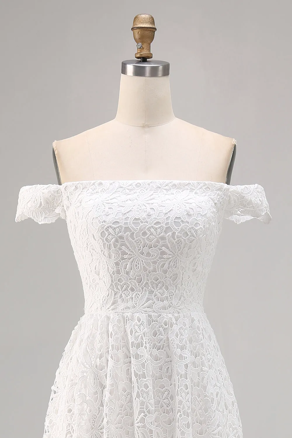 White A-Line Off The Shoulder Lace High-Low Boho Wedding Dress sold by Wedtrend product image thumbnail 4