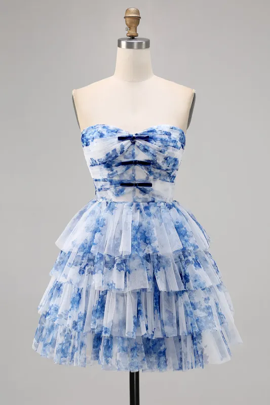 White Blue Flower Strapless A-Line Tiered Corset Short Homecoming Dress sold by Wedtrend