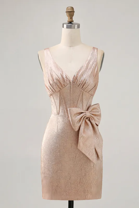 Champagne Bodycon V Neck Satin Short Homecoming Dress with Bow made by Wedtrend