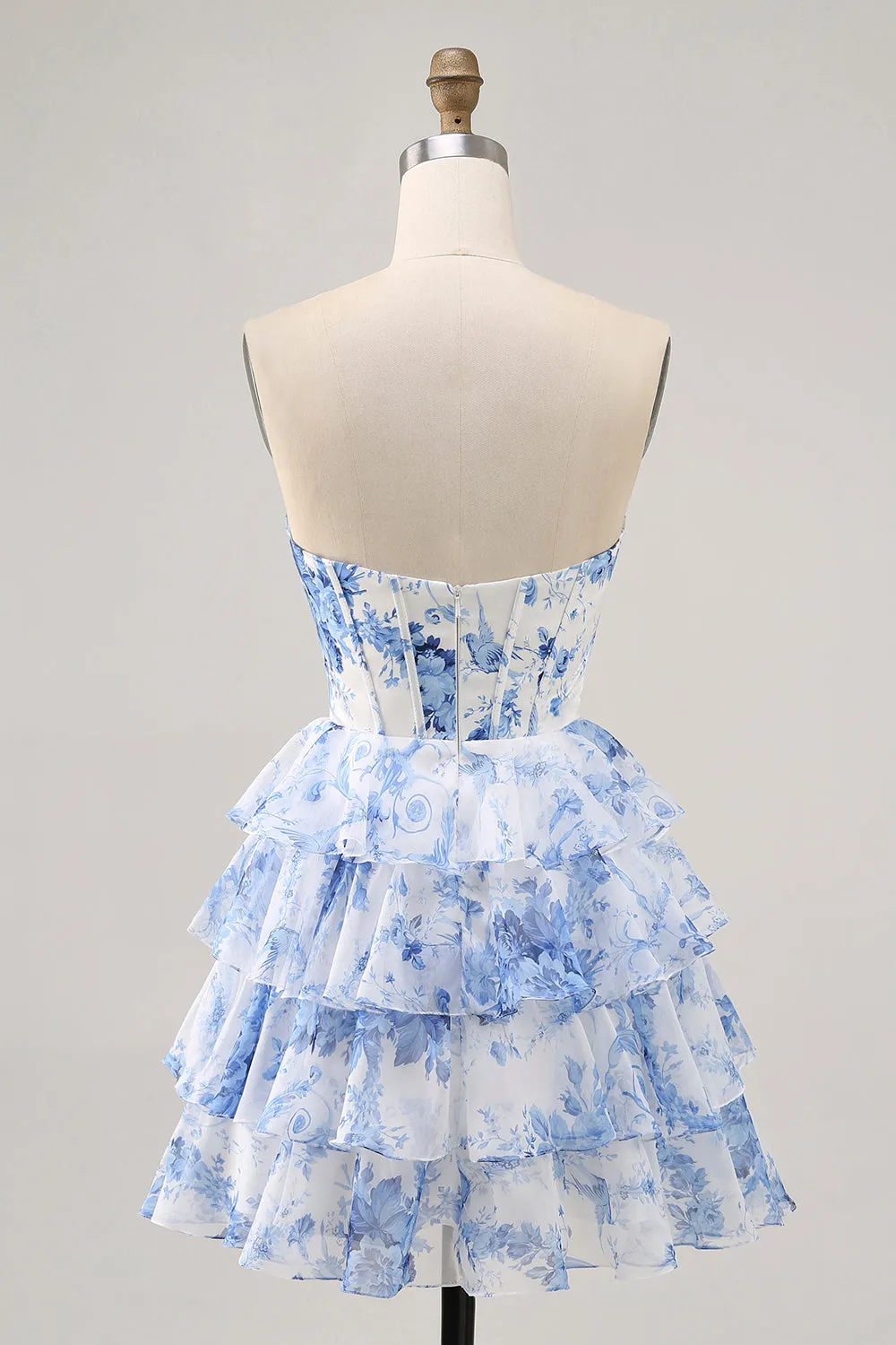 White Blue Flower A Line Strapless Tiered Cut Out Corset Short Homecoming Dress sold by Wedtrend product image thumbnail 3