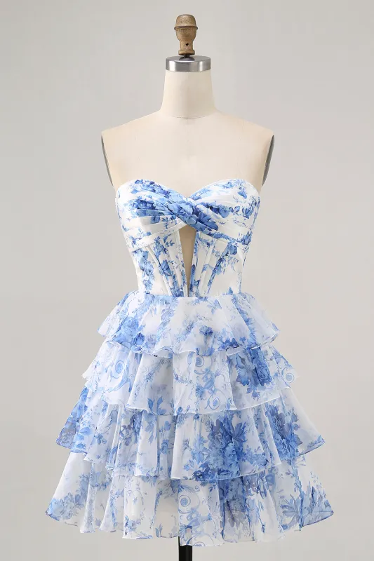 White Blue Flower A Line Strapless Tiered Cut Out Corset Short Homecoming Dress made by Wedtrend