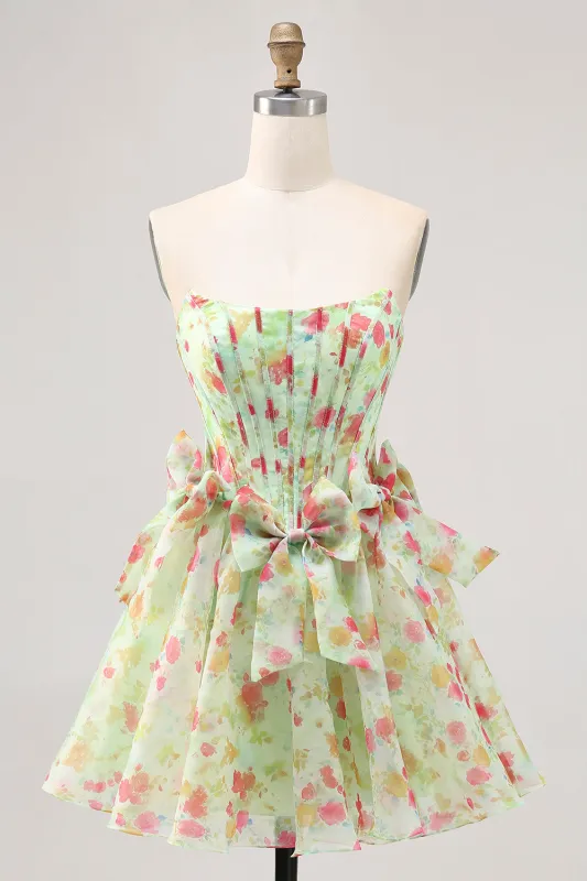 Floral Green Strapless A Line Corset Homecoming Dress with Bows made by Wedtrend
