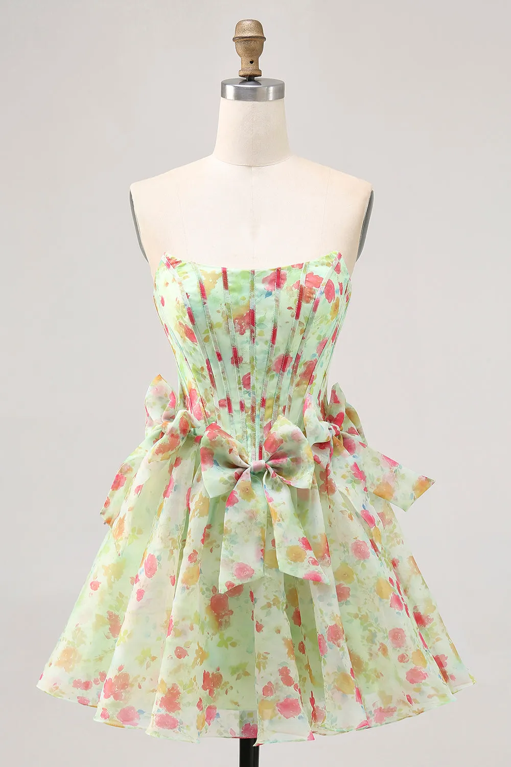 Floral Green Strapless A Line Corset Homecoming Dress with Bows sold by Wedtrend