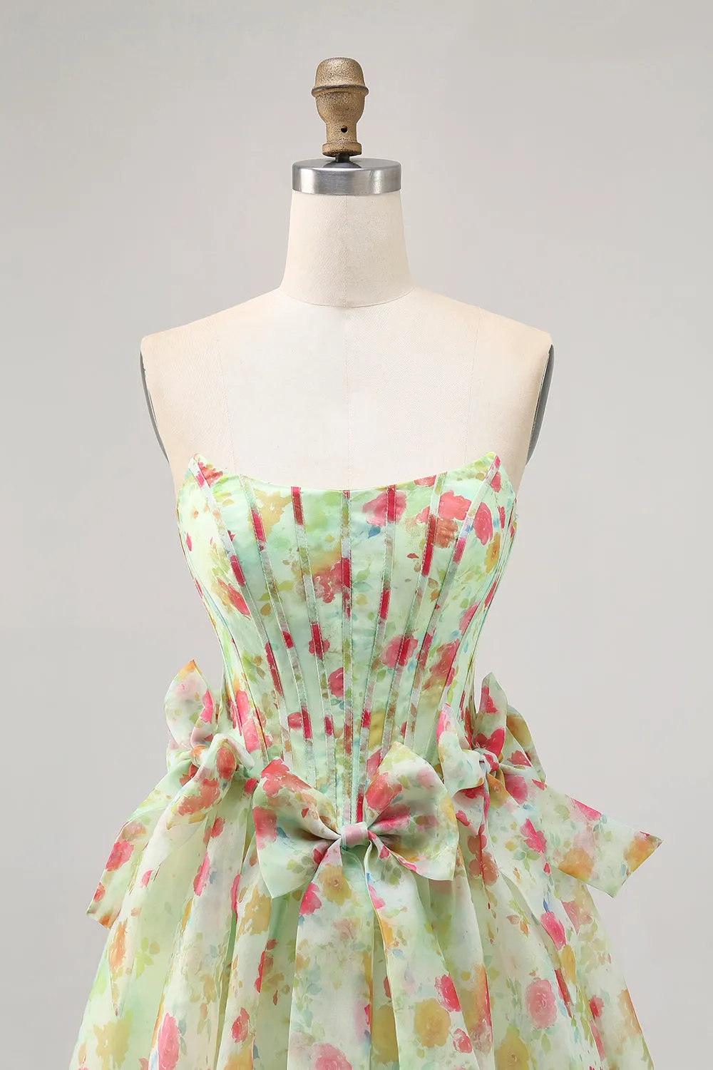 Floral Green Strapless A Line Corset Homecoming Dress with Bows sold by Wedtrend product image thumbnail 4