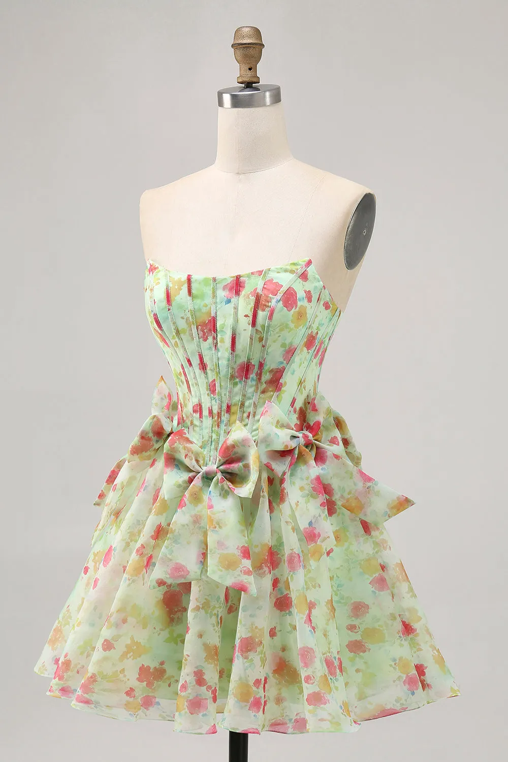 Floral Green Strapless A Line Corset Homecoming Dress with Bows sold by Wedtrend product image thumbnail 3