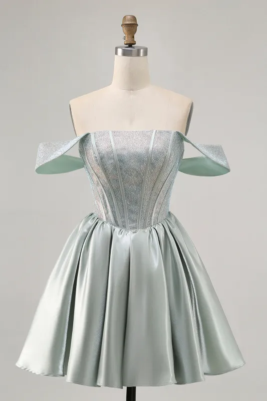 Light Green Satin Off The Shoulder Corset Homecoming Dress with Beading made by Wedtrend