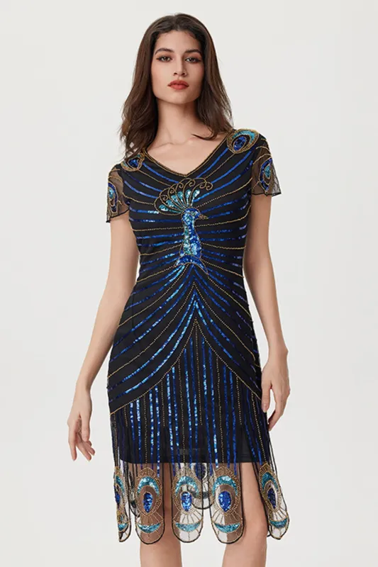 Sparkly Black Blue Sheath Sequins V-Neck 1920s Dress sold by Wedtrend