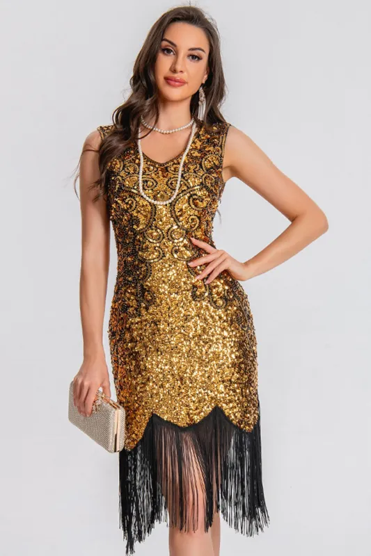 Sparkly Black Golden Sequin Fringed 1920s Dress sold by Wedtrend