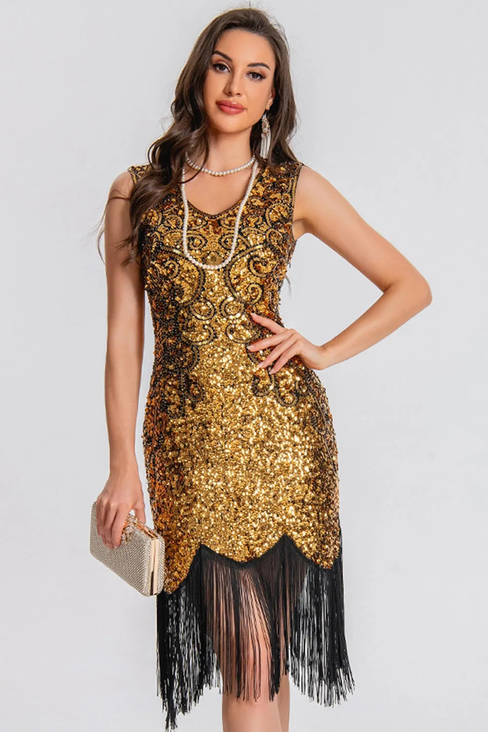 Sparkly Black Golden Sequin Fringed 1920s Dress sold by Wedtrend