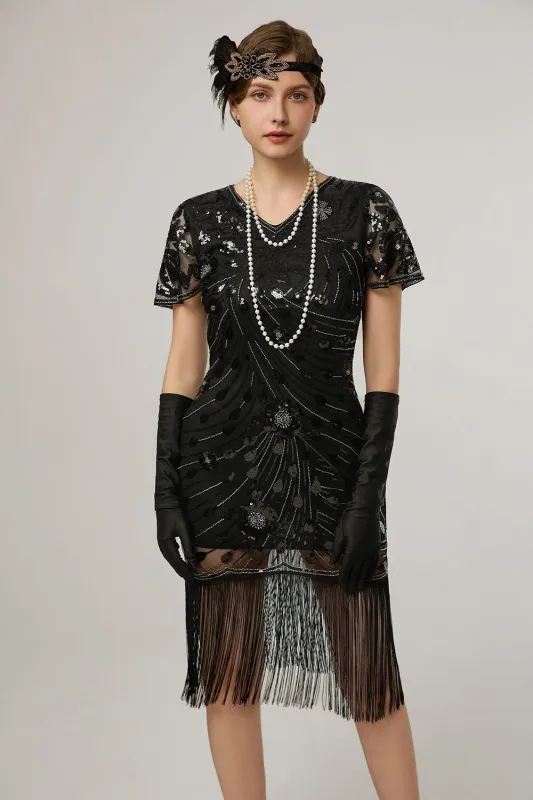 Black Sheath Fringed Midi V-Neck 1920s Dress with Sequins sold by Wedtrend