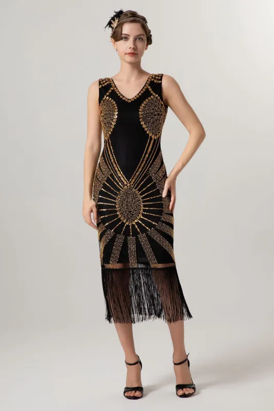 Black Golden Sheath Sequins 1920s Dress With Tassles made by Wedtrend