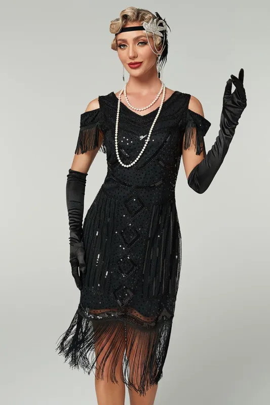 Cold Shoulder Black Fringed Sheath Sequins 1920s Dress sold by Wedtrend