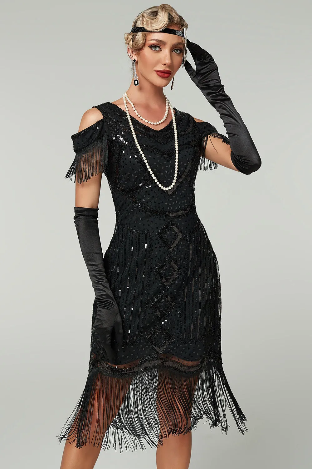 Cold Shoulder Black Fringed Sheath Sequins 1920s Dress sold by Wedtrend product image thumbnail 2