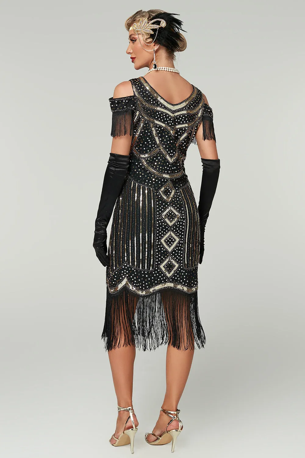 Cold Shoulder Black Fringed Sheath Sequins 1920s Dress sold by Wedtrend product image thumbnail 5
