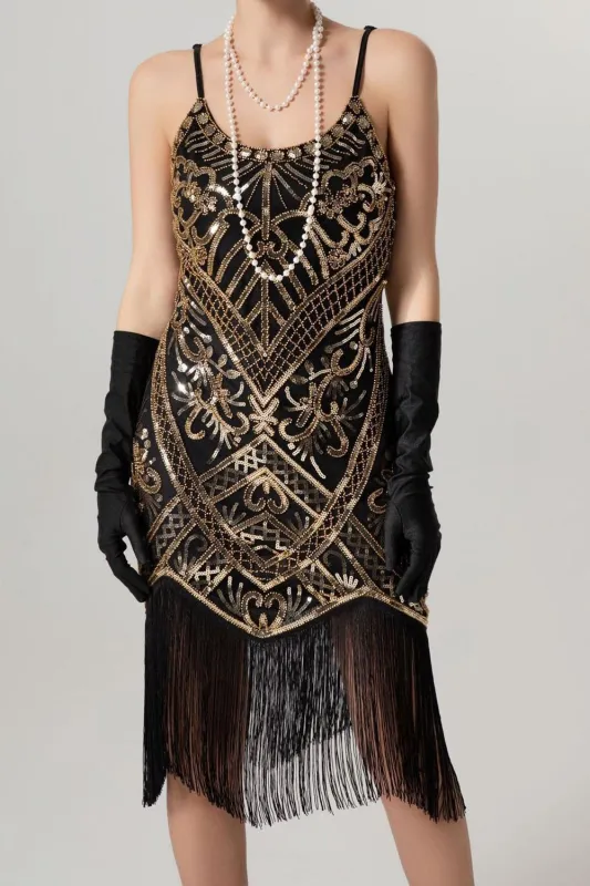 Sheath Black Golden Sequins Midi 1920s Dress with Fringes sold by Wedtrend