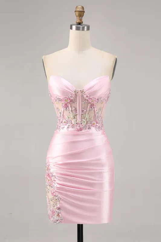 Candy Pink Strapless Ruched Tight Short Homecoming Dress with Appliques made by Wedtrend