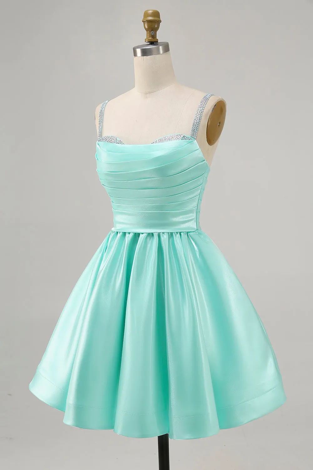 Mint Green A-Line Spaghetti Straps Beaded Satin Short Homecoming Dress sold by Wedtrend product image thumbnail 3