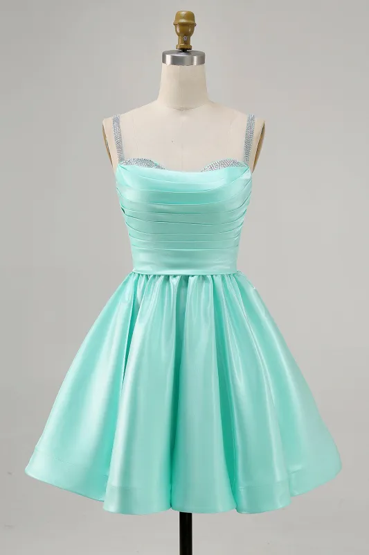Mint Green A-Line Spaghetti Straps Beaded Satin Short Homecoming Dress made by Wedtrend