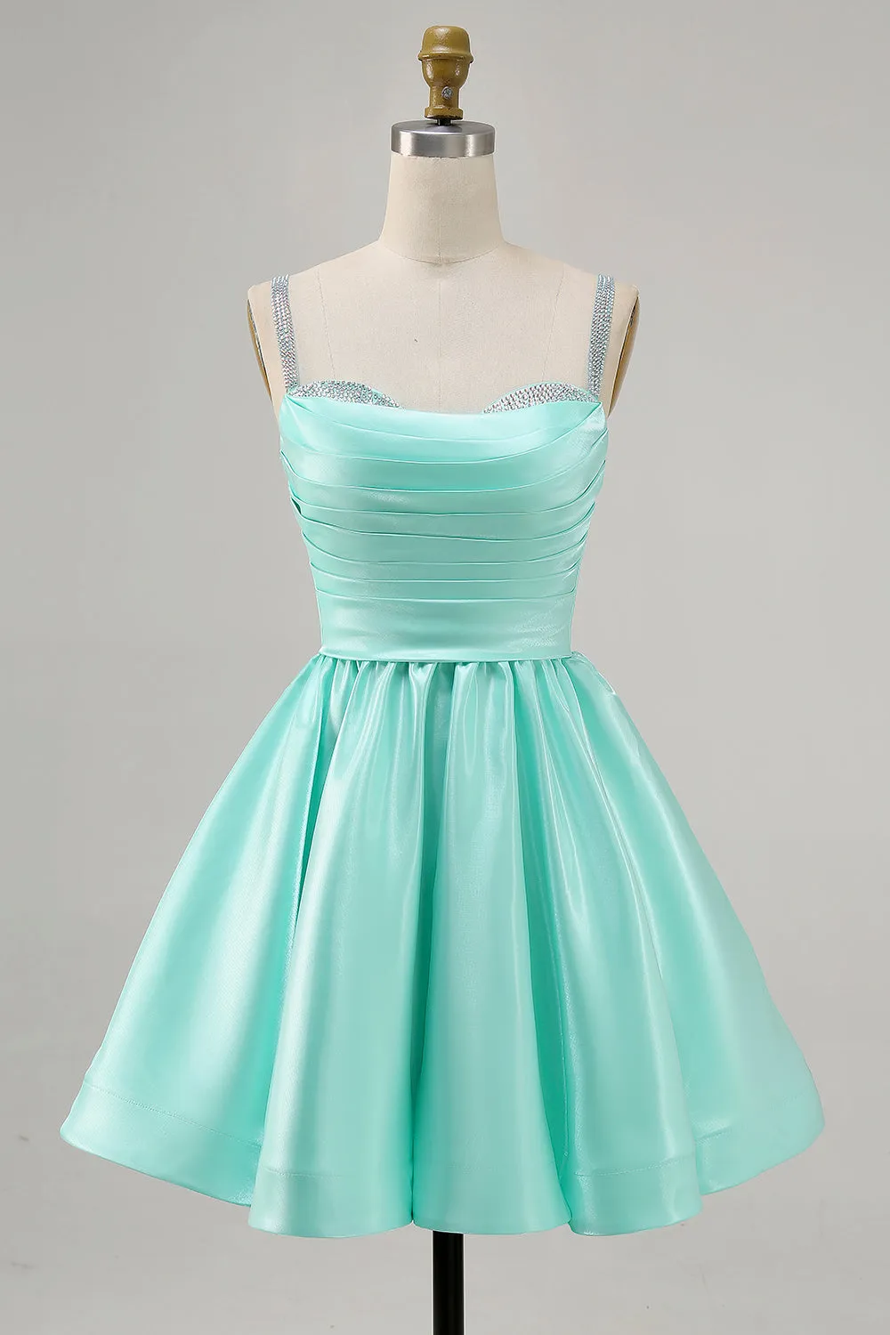 Mint Green A-Line Spaghetti Straps Beaded Satin Short Homecoming Dress sold by Wedtrend