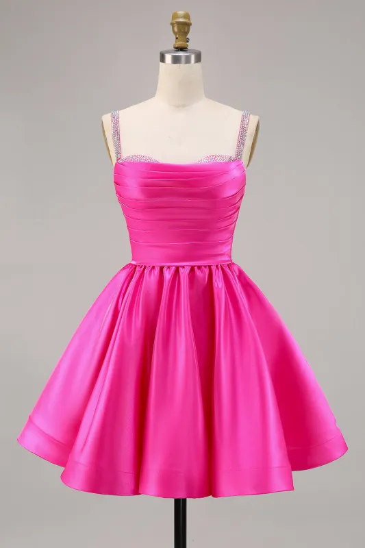 Fuchsia A Line Spaghetti Straps Beaded Satin Short Homecoming Dress made by Wedtrend