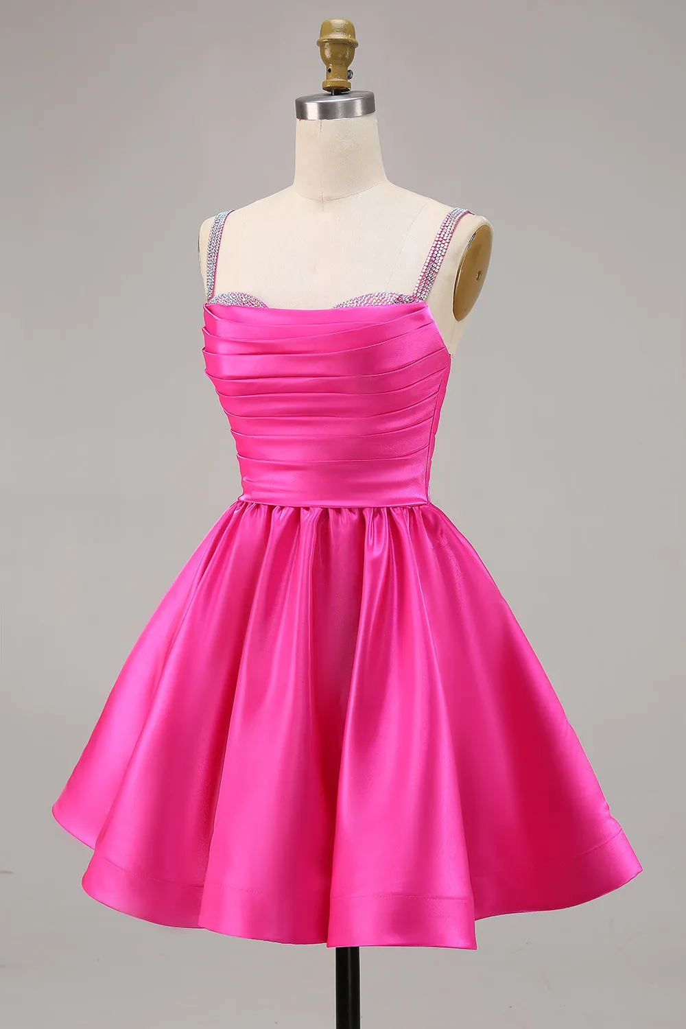 Fuchsia A Line Spaghetti Straps Beaded Satin Short Homecoming Dress sold by Wedtrend product image thumbnail 3