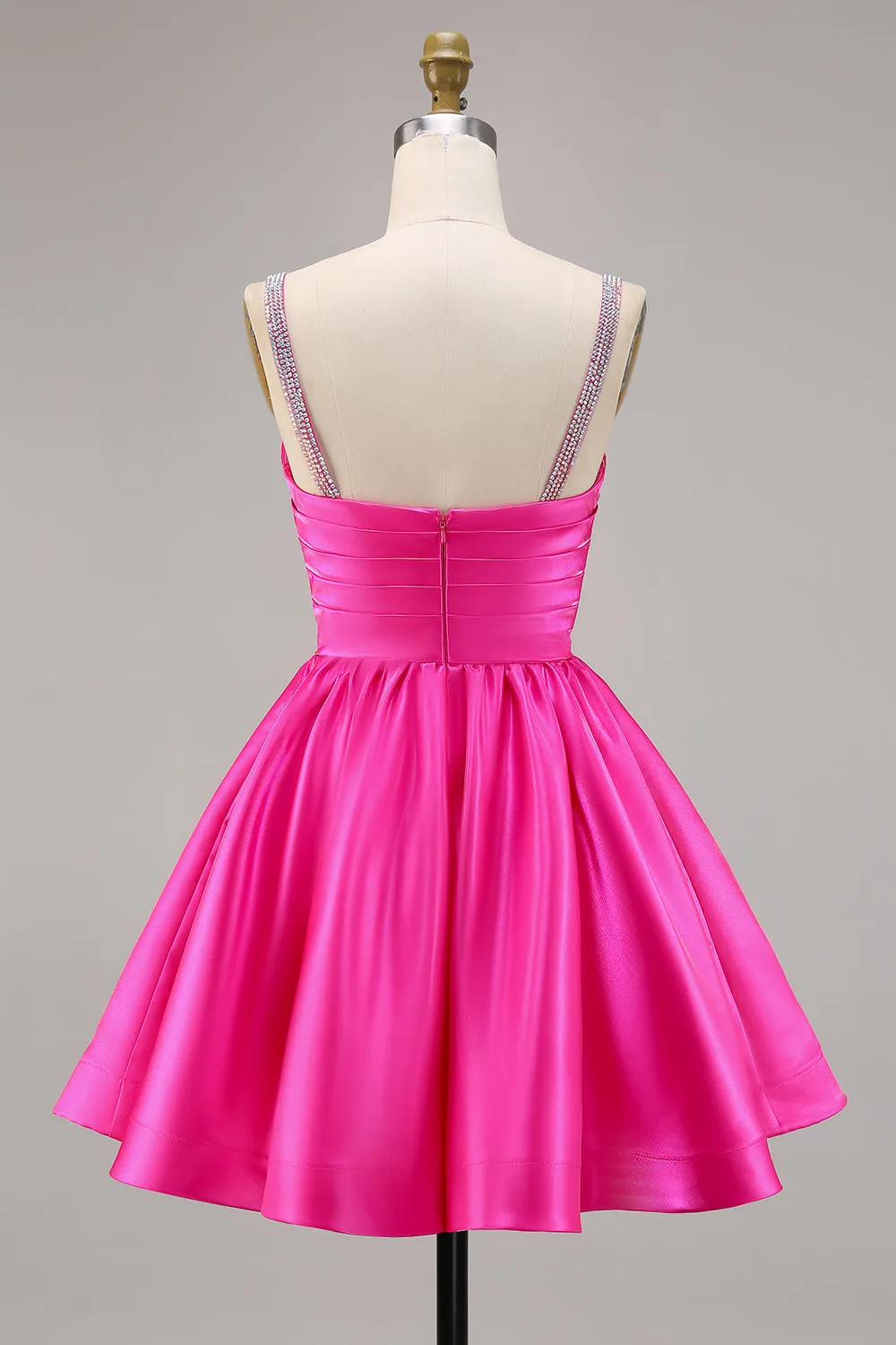 Fuchsia A Line Spaghetti Straps Beaded Satin Short Homecoming Dress sold by Wedtrend product image thumbnail 2