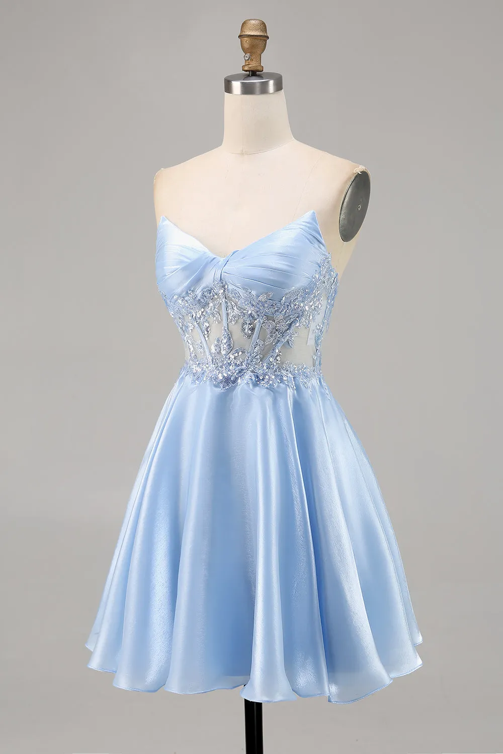 Light Blue Strapless A Line Satin Homecoming Dress with Appliques sold by Wedtrend product image thumbnail 3