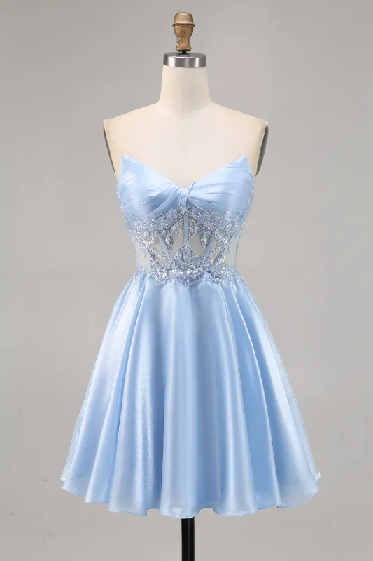 Light Blue Strapless A Line Satin Homecoming Dress with Appliques made by Wedtrend