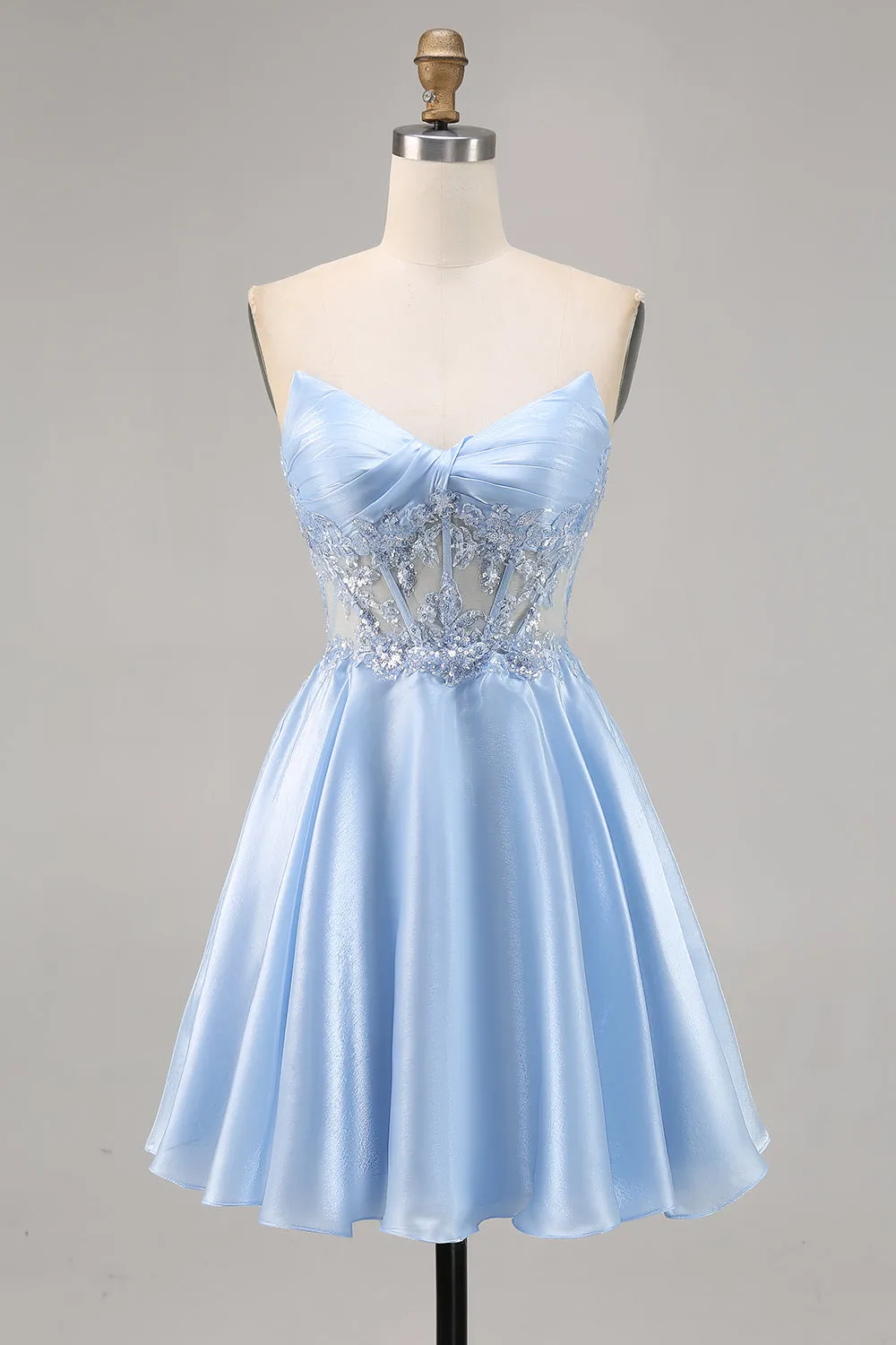Light Blue Strapless A Line Satin Homecoming Dress with Appliques sold by Wedtrend