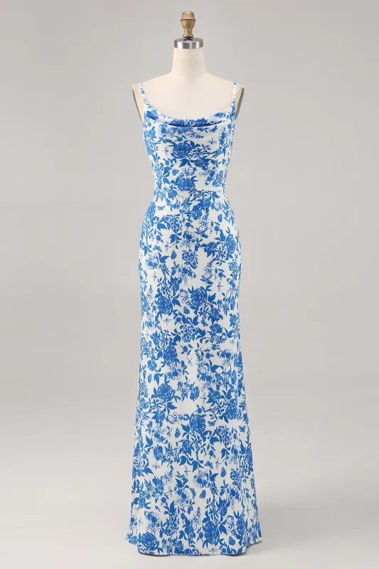 Blue Flower Printed Sheath Spaghetti Straps Long Wedding Guest Dress sold by Wedtrend