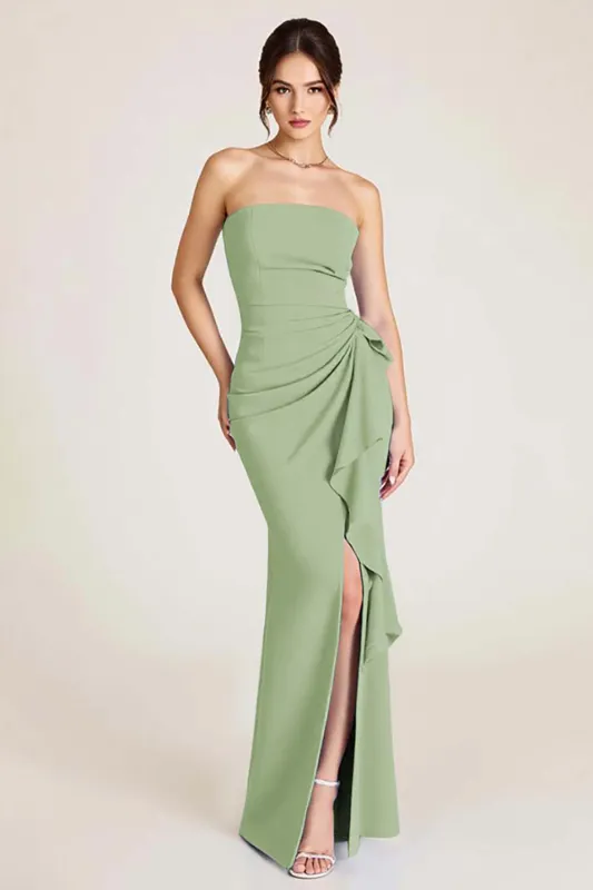 Dusty Sage Strapless Mermaid Ruched Formal Dress with Slit made by Wedtrend