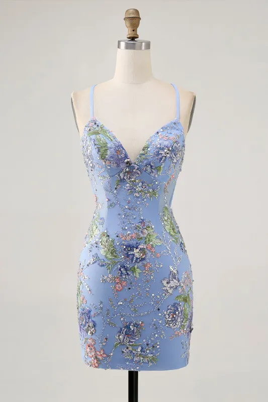 Floral Blue Short Tight Homecoming Dress with Appliques made by Wedtrend
