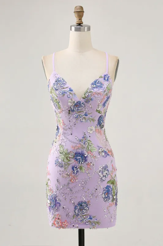 Lilac Spaghetti Straps Short Floral Tight Homecoming Dress sold by Wedtrend