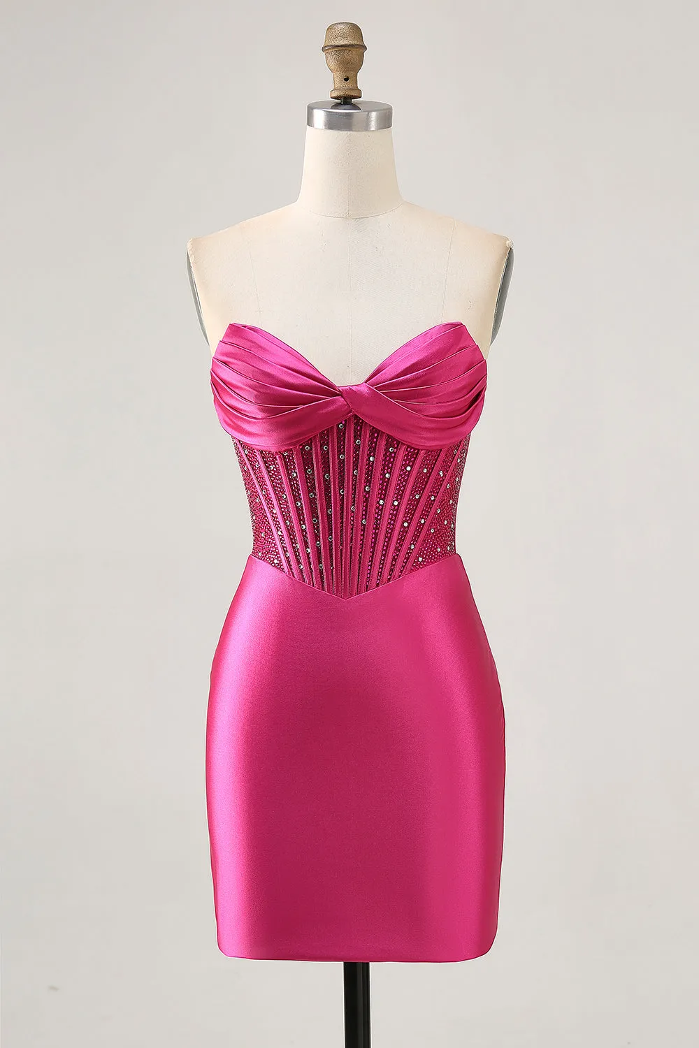 Fuchsia Strapless Bodycon Beaded Corset Homecoming Dress sold by Wedtrend