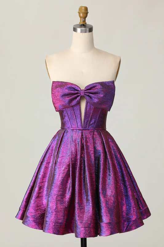 Metallic Strapless Dark Purple A Line Homecoming Dress with Bow sold by Wedtrend
