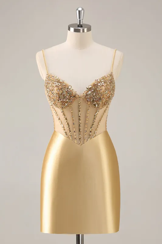 Golden Bodycon Satin Corset Sequins Homecoming Dress made by Wedtrend