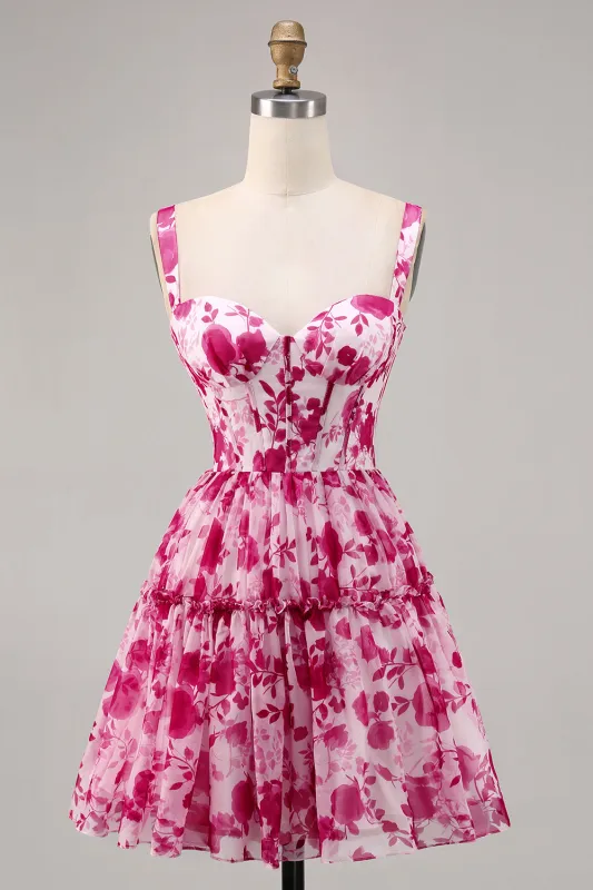 Fuchsia Flower A Line Printed Corset Homecoming Dress sold by Wedtrend