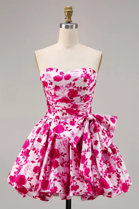 Fuchsia Flower Strapless A Line Printed Homecoming Dress with Bow sold by Wedtrend