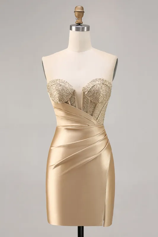 Golden Bodycon Strapless Corset Satin Homecoming Dress made by Wedtrend