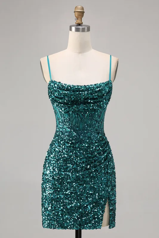Peacock Green Bodycon Corset Sequins Homecoming Dress with Slit made by Wedtrend
