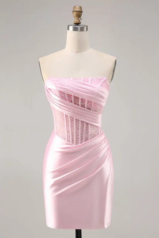 Pink Satin Corset Strapless Ruched Bodycon Homecoming Dress made by Wedtrend