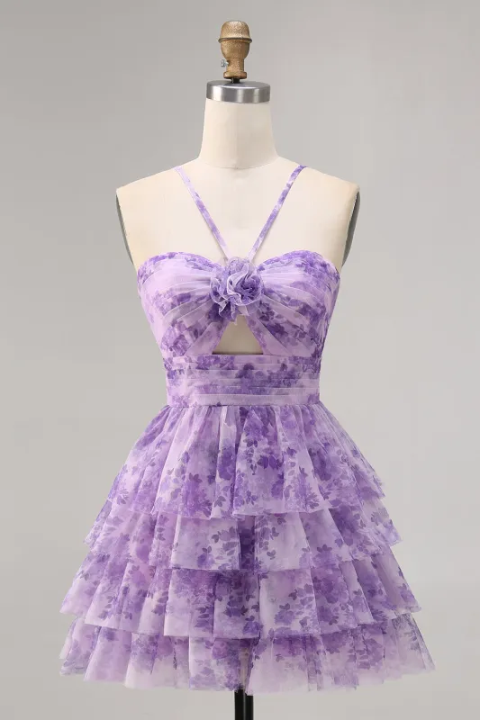 Purple Flower A Line Halter Printed Tiered Short Homecoming Dress made by Wedtrend