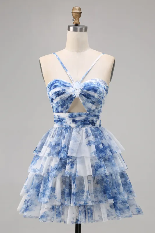 White Blue Flower A Line Halter Printed Tiered Homecoming Dress sold by Wedtrend