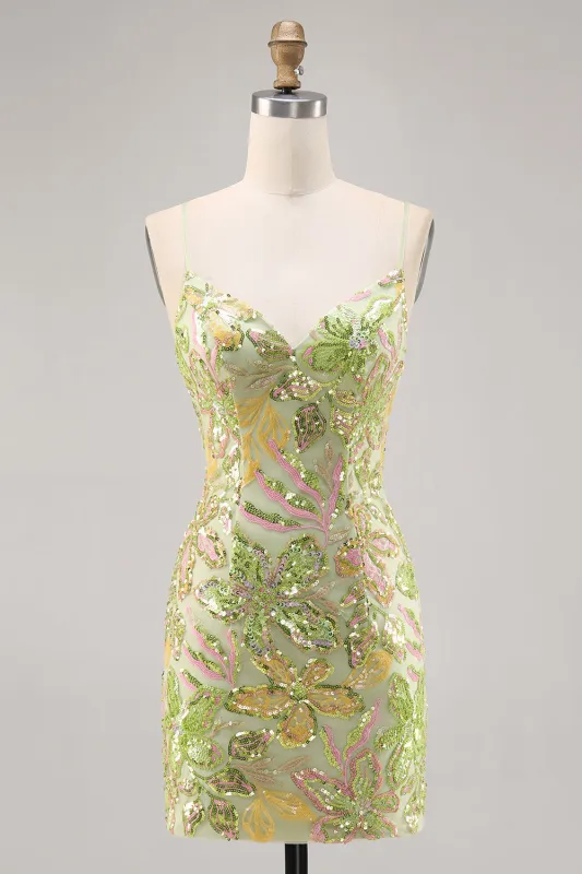 Green Bodycon Spaghetti Straps Sequins Homecoming Dress made by Wedtrend