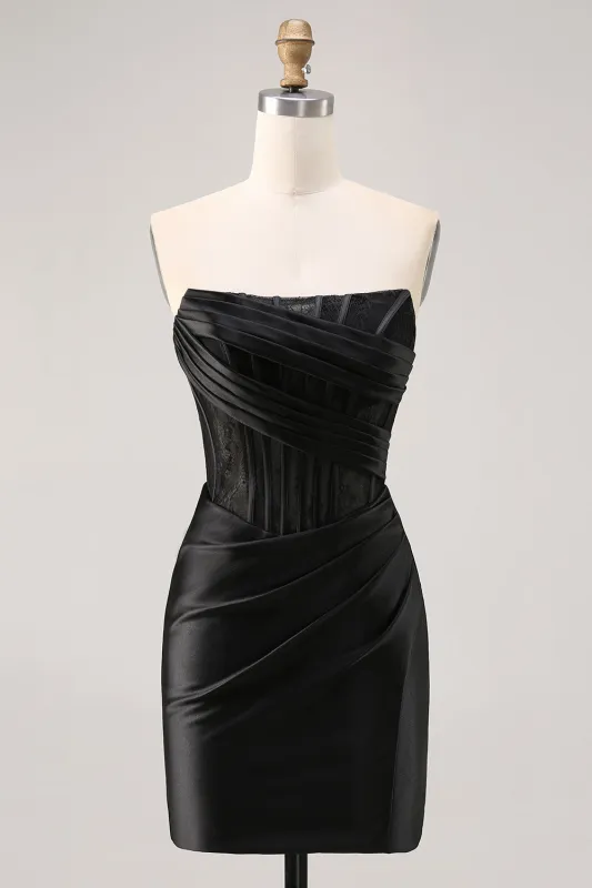 Black Strapless Satin Corset Ruched Bodycon Homecoming Dress sold by Wedtrend