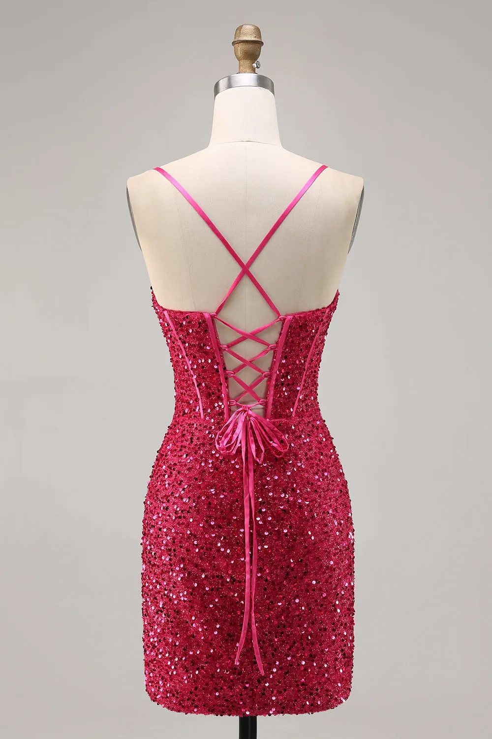 Fuchsia Spaghetti Straps Bodycon Corset Sequins Homecoming Dress sold by Wedtrend product image thumbnail 2