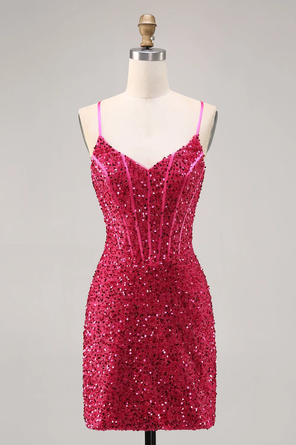 Fuchsia Spaghetti Straps Bodycon Corset Sequins Homecoming Dress sold by Wedtrend