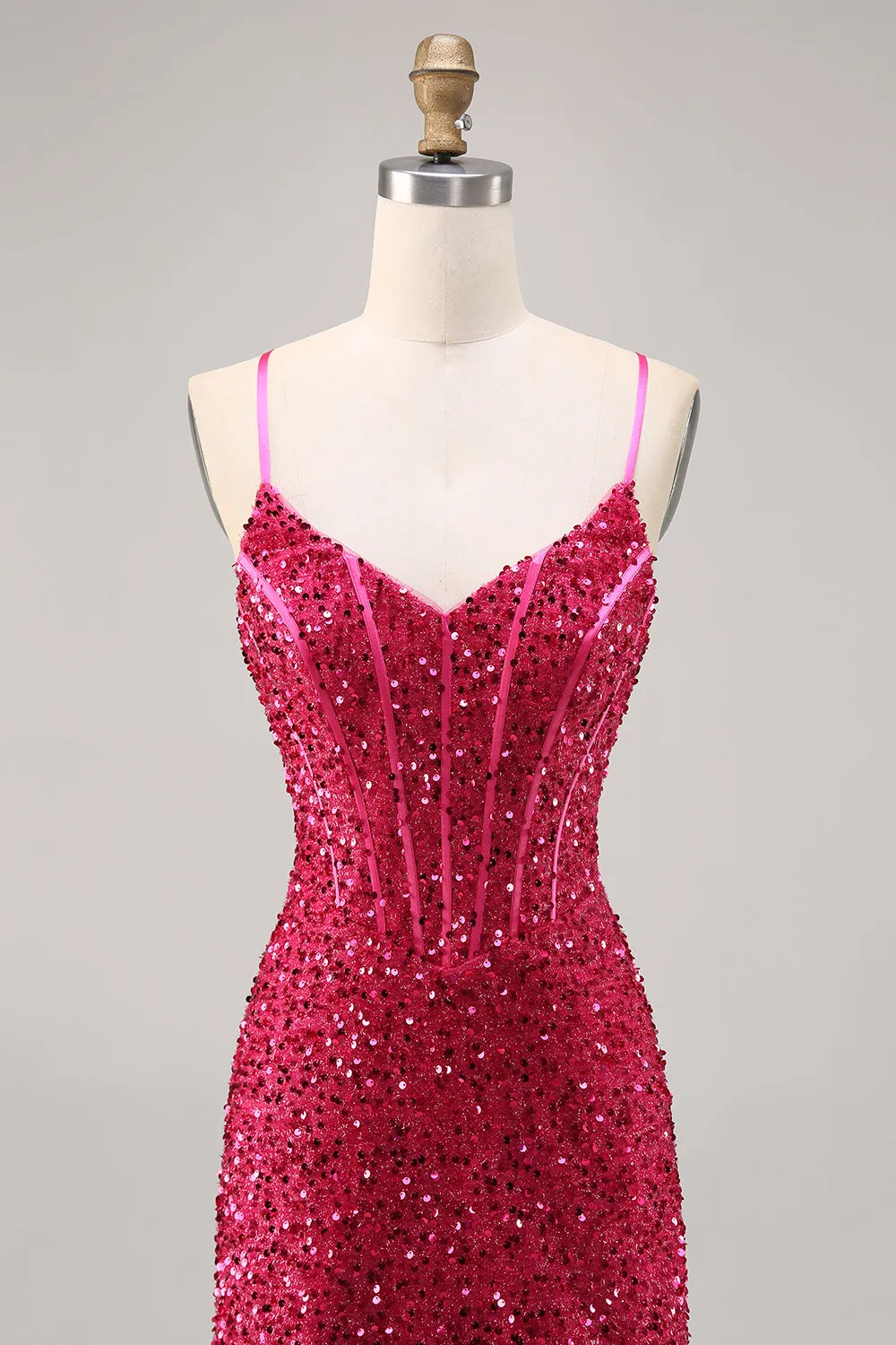 Fuchsia Spaghetti Straps Bodycon Corset Sequins Homecoming Dress sold by Wedtrend product image thumbnail 4