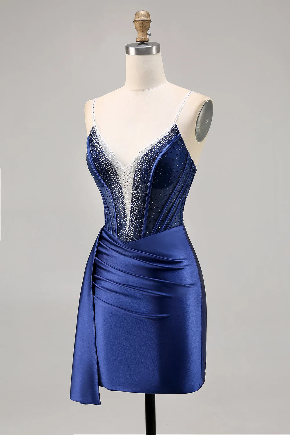 Sparkly Navy Corset Satin Tight Beaded Homecoming Dress with Streamer sold by Wedtrend product image thumbnail 3